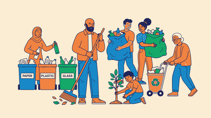 Diverse group of people engaged in environmental cleanup and planting.