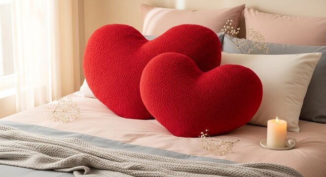 Cozy romantic bedroom interior with two red heart shaped pillows on a neatly made bed in warm natural light creating a loving atmosphere for couples home decor concept Happy Valentines comfort and rel