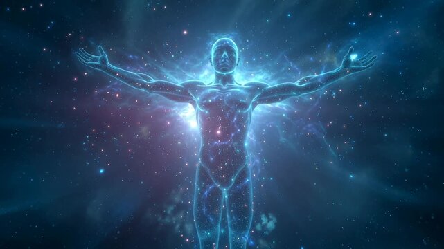 Man is shown in a blue and purple color with his arms outstretched. The image has a dreamy and ethereal quality to it, as if the man is floating in space