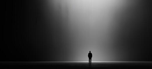 Lonely man standing in dark, empty, minimal space. Solitary man silhouette standing in an empty, dark, mysterious room, emphasizing isolation and introspection