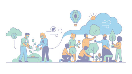 Diverse group of people planting trees and plants together.