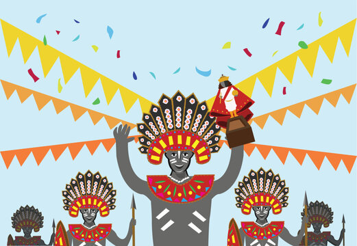 Merrymakers with tribal costume raises up a figurine of the Sto. Nino or image of baby jesus as a symbol for Sinulog, Dinagyang or Ati-atihan festivals in the Philippines. Editable Clip Art.