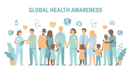 Diverse group of people representing global health awareness and medical professionals.