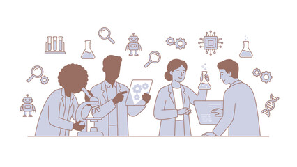 Diverse group of scientists collaborating in a modern laboratory setting.