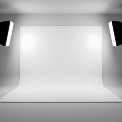 Professional Empty White Photo Studio Interior with Softbox Lighting Equipment and Seamless Infinity Backdrop