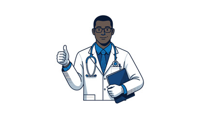 Doctor giving a thumbs up with a stethoscope and clipboard.