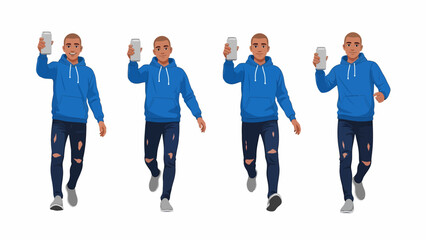 Obraz premium A sequence of four illustrations showing a young man in a blue hoodie and ripped jeans walking while holding up a smartphone.