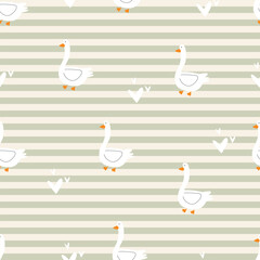 Cute White Goose and Heart Seamless Pattern. Whimsical Hand-Drawn Farm Animal Vector Print on Striped Background for Nursery and Kids Decor