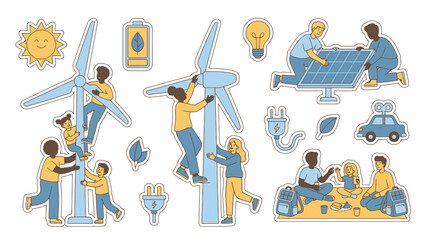 Diverse people working together on renewable energy projects.