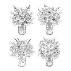 Botanical Flower Bouquets in Mason Jars Line Art Illustration Set