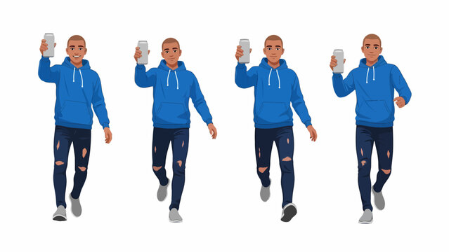 A sequence of four illustrations showing a young man in a blue hoodie and ripped jeans walking while holding up a smartphone.