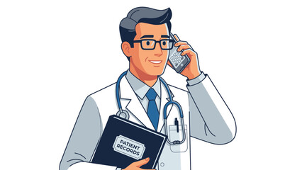 Doctor on Phone Holding Patient Records Book.