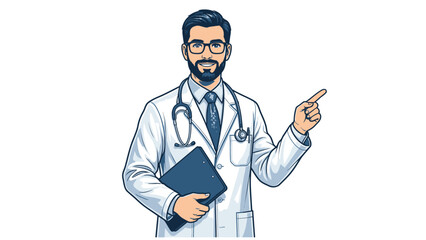 Doctor pointing with clipboard and stethoscope.