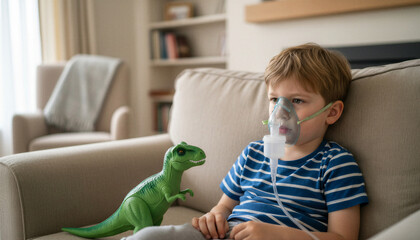 A young boy wearing a nebulizer mask for asthma treatment sits on a cozy sofa at home next to a green toy dinosaur.