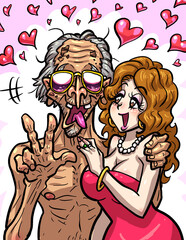 派手な高齢男性と若い女性の年の差カップル