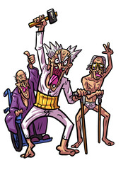 旗を掲げて叫ぶパワフルなシニア男性 キャラクターイラスト