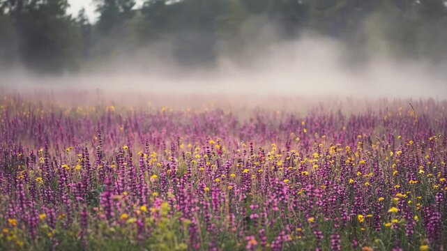 flower waves and sway fog moving and drifting away slowly as camera moves forward 4K