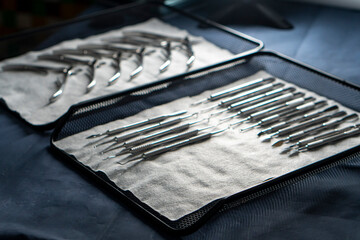 Sterile stainless steel nail care instruments on a medical tray. Close-up