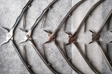 Sterile stainless steel nail care instruments on a medical tray. Close-up