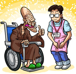 介護士に元気に挨拶される車椅子の個性的な高齢男性