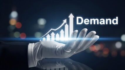 Male hand in white glove dramatically showcases a soaring graph and the word "Demand," symbolizing business growth and increasing consumer interest