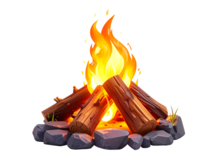 Cartoon bonfire piled logs ablaze with bright flames, nestled in rocks & grass