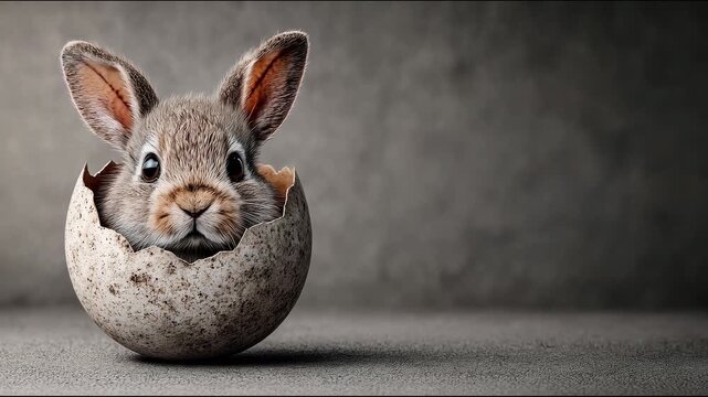 Cute rabbit breaking out of egg shell. Easter bunny character for holiday celebration. Cute animal and birth concept.