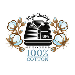 Monochrome Shirt with color cotton floral elements of seeds and leaves. Vector label of 100% Cotton Clothes Label. Tag for eco textile and natural fabric.