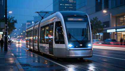 Obraz premium Modern tram moving on wet city street at night