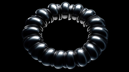 An abstract 3d spiraling form made of photorealistic, glossy chrome segments on a completely black background.