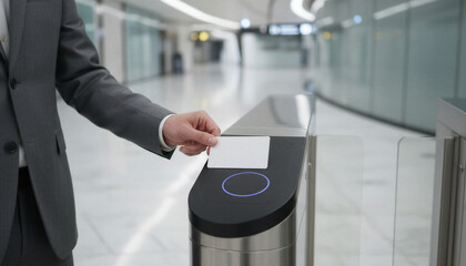 Closeup of male hand using contactless card at gate turnstile