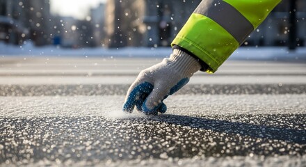 Close up of a road worker wearing safety gloves and reflective jacket spreading salt on icy asphalt for winter road maintenance ice prevention urban safety service cold weather conditions