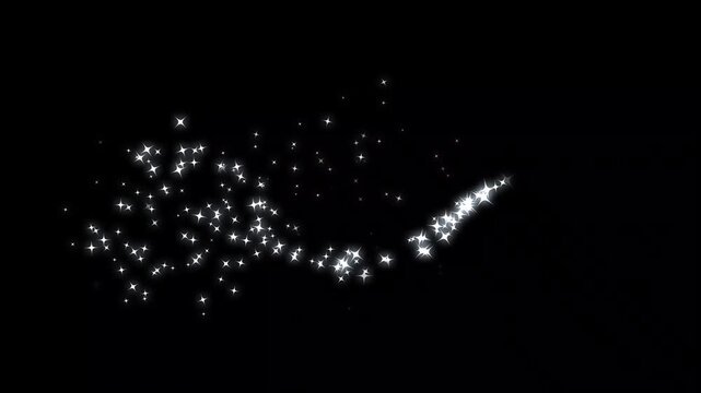 Fairy dust wand with glitter doodle stars and shimmering sparkle trails on a black screen background, 2d flat vector style, glowing particles, magical light path, seamless 4k loop animation
