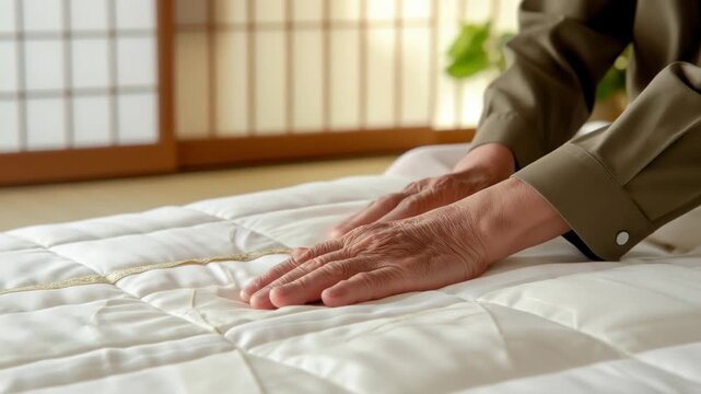 Womans hands pressing down on a futon mattress. Elderly person making a traditional japanese bed in a home setting.