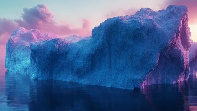 Massive iceberg reflecting vibrant hues of pink, purple, and blue in calm ocean water, creating a serene and ethereal arctic landscape under a cloud strewn twilight sky