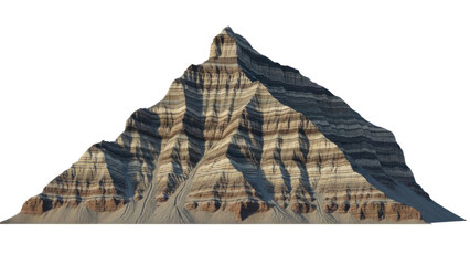 Rugged mountain peak with layered rock strata, isolated on transparent background