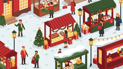 Winter Market Scene with Snowy Stalls and Shoppers in Holiday Lights.