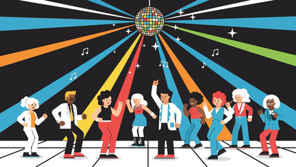 Fototapeta premium Celebrating a diverse group of people dancing together in a colorful circle against a radiant mural background.