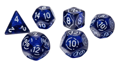 Set of Blue Polyhedral Dice for Games, Isolated on Transparent Background