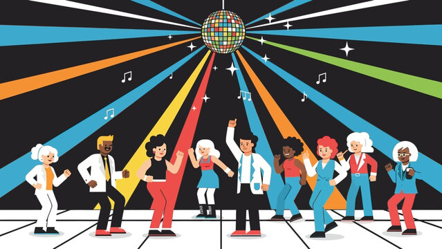 Celebrating a diverse group of people dancing together in a colorful circle against a radiant mural background.