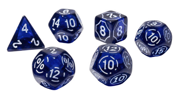Set of Blue Polyhedral Dice for Games, Isolated on Transparent Background