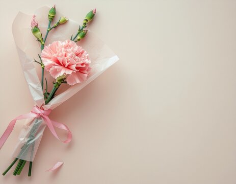 A pink carnation bouquet wrapped in paper.