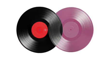 Two vinyl records, one black and one pink, isolated on transparent background