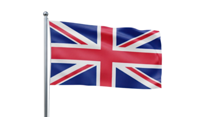 Union Jack Flag Waving on Pole Isolated on Transparent Background