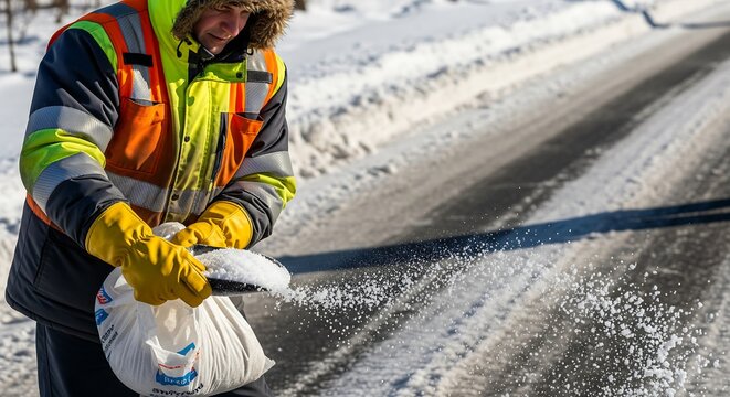 Road maintenance worker wearing high visibility jacket and gloves spreading salt on icy asphalt during winter for deicing slippery road surface safety transportation and public service concept
