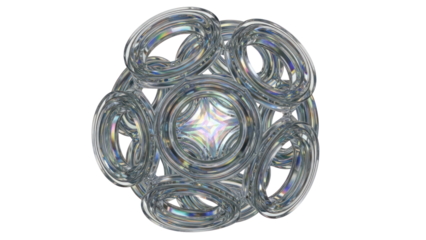 Abstract geometric sphere made of metallic rings isolated on transparent background