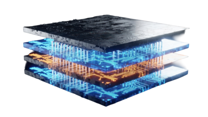 Abstract Circuit Board Layers with Glowing Circuits isolated on transparent background