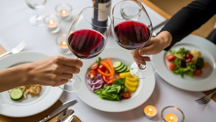 Romantic dinner setting with wine and fresh salad on table