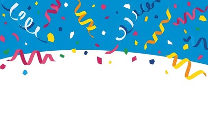 Colorful confetti and streamers on a vibrant blue background
