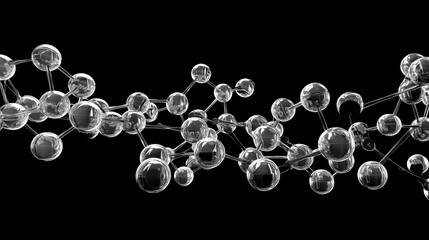 An abstract 3d interconnected network of photorealistic, glossy silver spheres on a completely black background. 